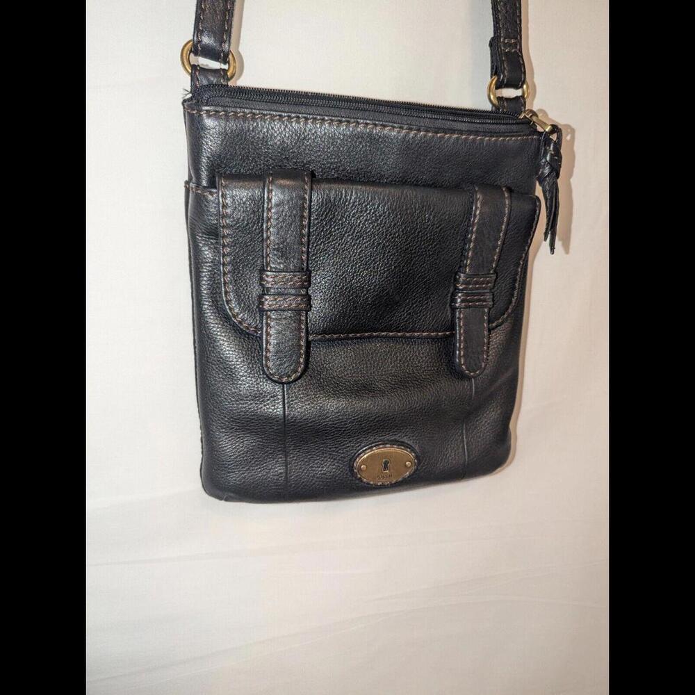 Vintage FOSSIL Black Leather CARSON Top Zip Crossbody Purse Bag